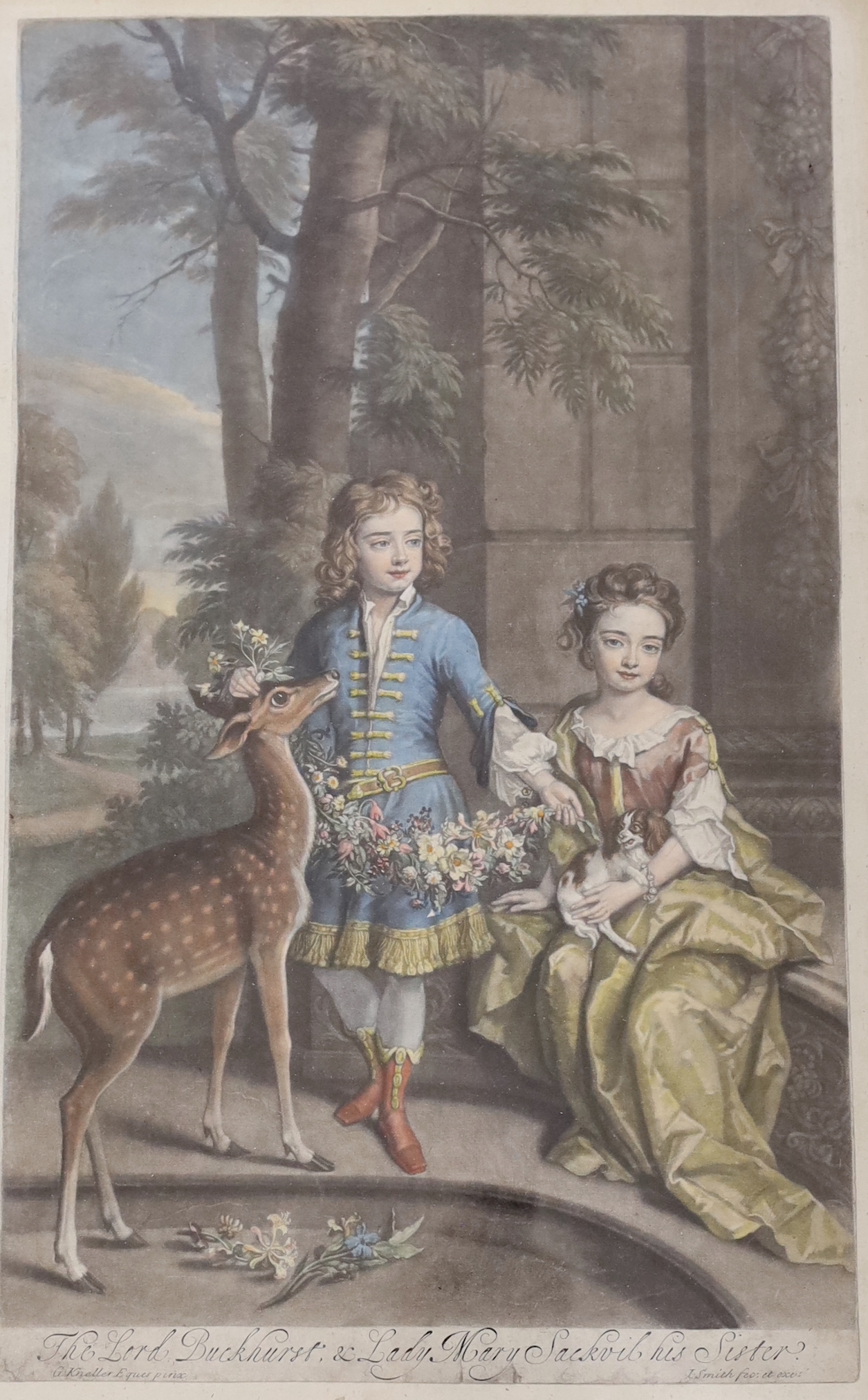 Smith after Kneller, pair of hand coloured mezzotints, 'Lord Buckhurst and Lady Mary Sackvil, his sister' and 'Richard Lord Clifford and Lady Jane, his sister', 40 x 25cm